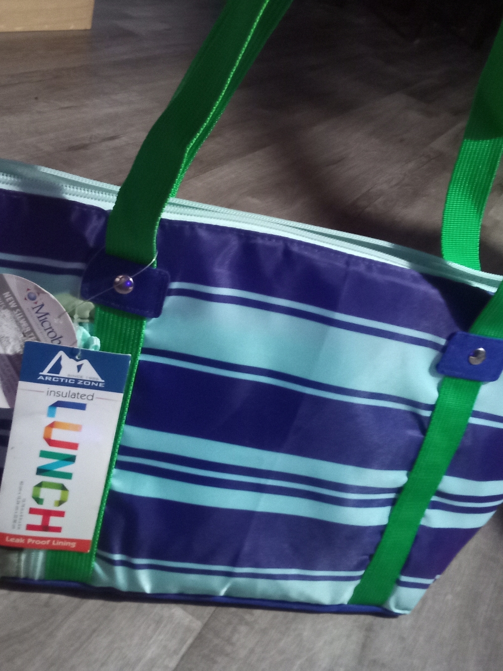 Striped Insulated Tote Bag in Navy and Aqua with Green Straps